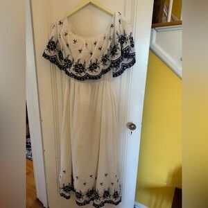 White vacation Dress with Navy Embroidery